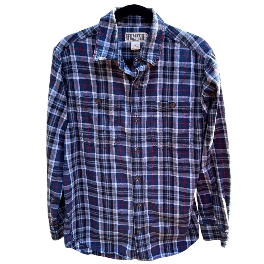 Duluth Trading Co Flannel Shirt Mens Trim Fit Medium Blue Plaid Long Sleeve Cozy